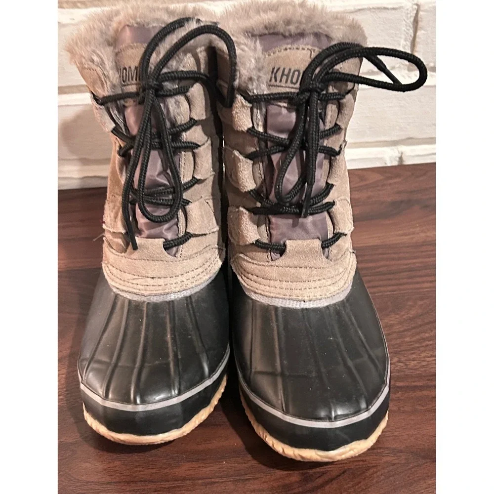 Khombu Womens Winter Duck Boots Tan Black‎ Faux Fur Trim Steel Shank Size 7 Snow